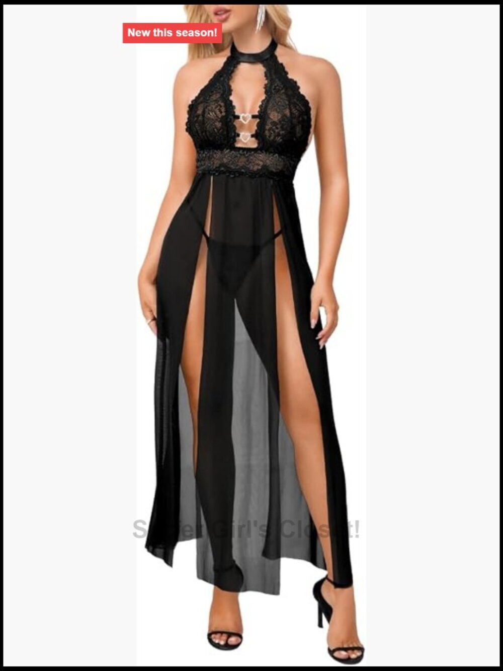 High Slit Babydoll Nightgown with Choker Lingerie Set, Sheer Mesh Floral Lace,